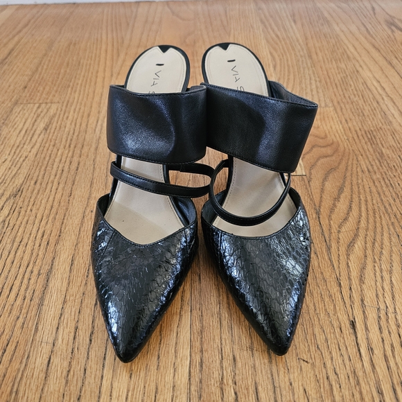 Via Spiga Shoes - Via Spiga Black Leather Snake Mules Heels Size 10